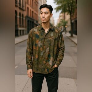 PAVINI Long Sleeve Button Up‎ Green Orange Teal XL Shirt Topical Corpcore